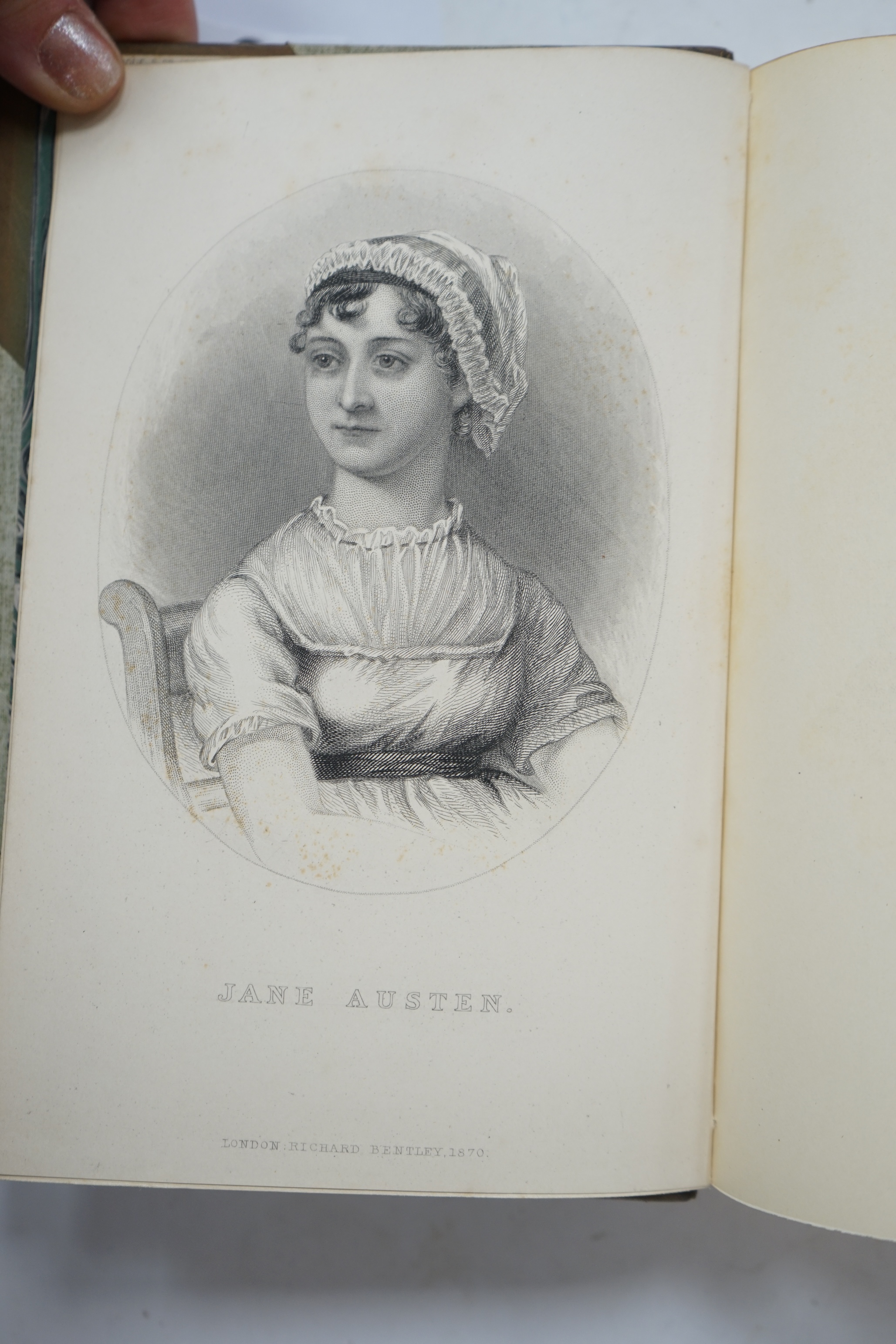 Austen, Jane - (Collected Novels). new editions, 5 vols. frontispieces; earlier 20th century green half calf and cloth, gilt decorated panelled spines, gilt tops, marbled e/ps. (by Spottiswoode & Co). Richard Bentley, 18